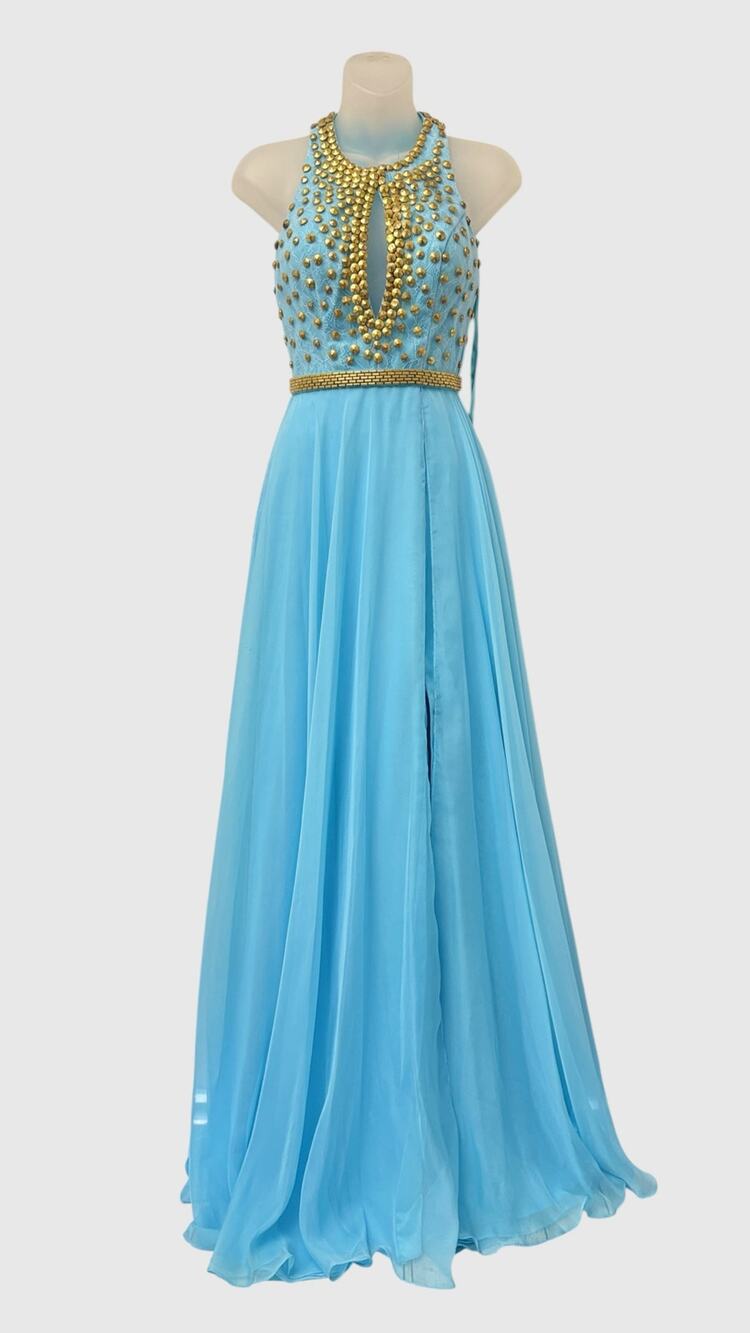 Madison James Aqua Chiffon Prom Gown Gold Studded Halter Keyhole Formal Dress 0